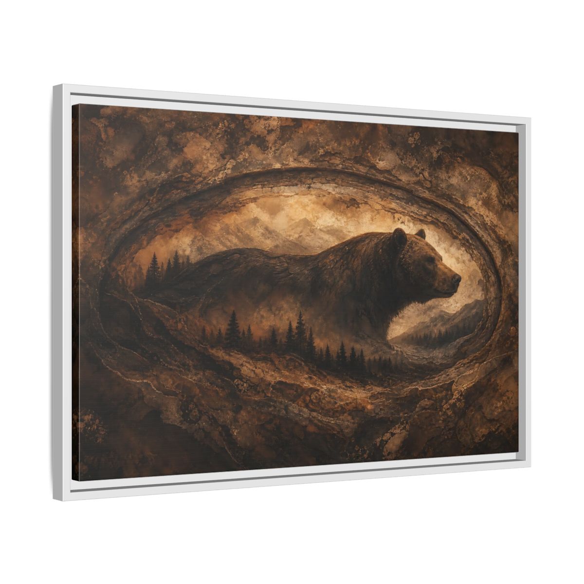 Side Mockup 10. Animals Bear Brown And Gold shown as stretched canvas wall art