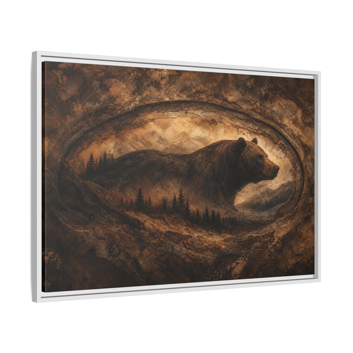 Side Mockup 9. Animals Bear Brown And Gold shown as stretched canvas wall art
