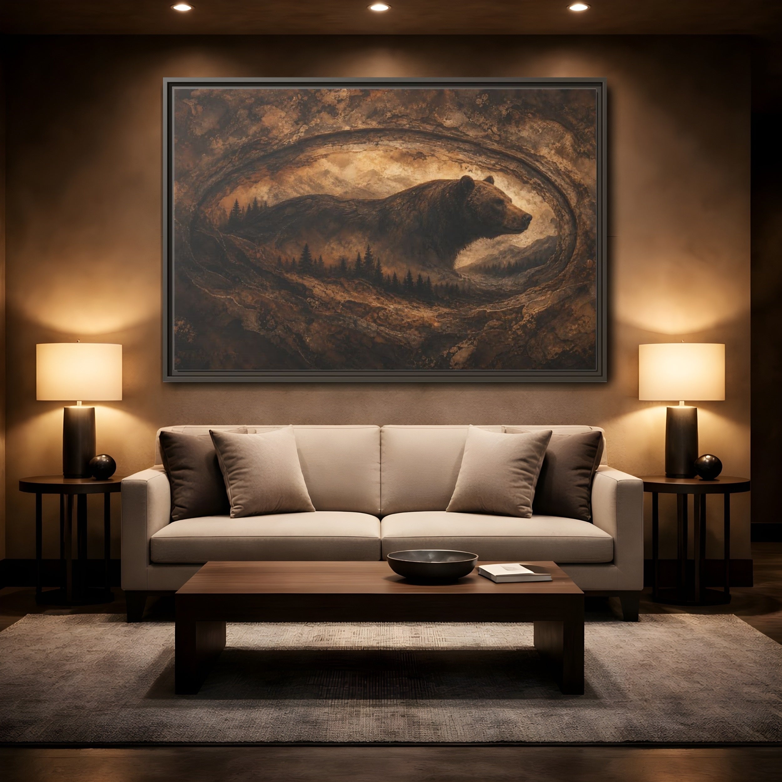 Mockup 2. Animals Bear Brown And Gold shown as stretched canvas wall art