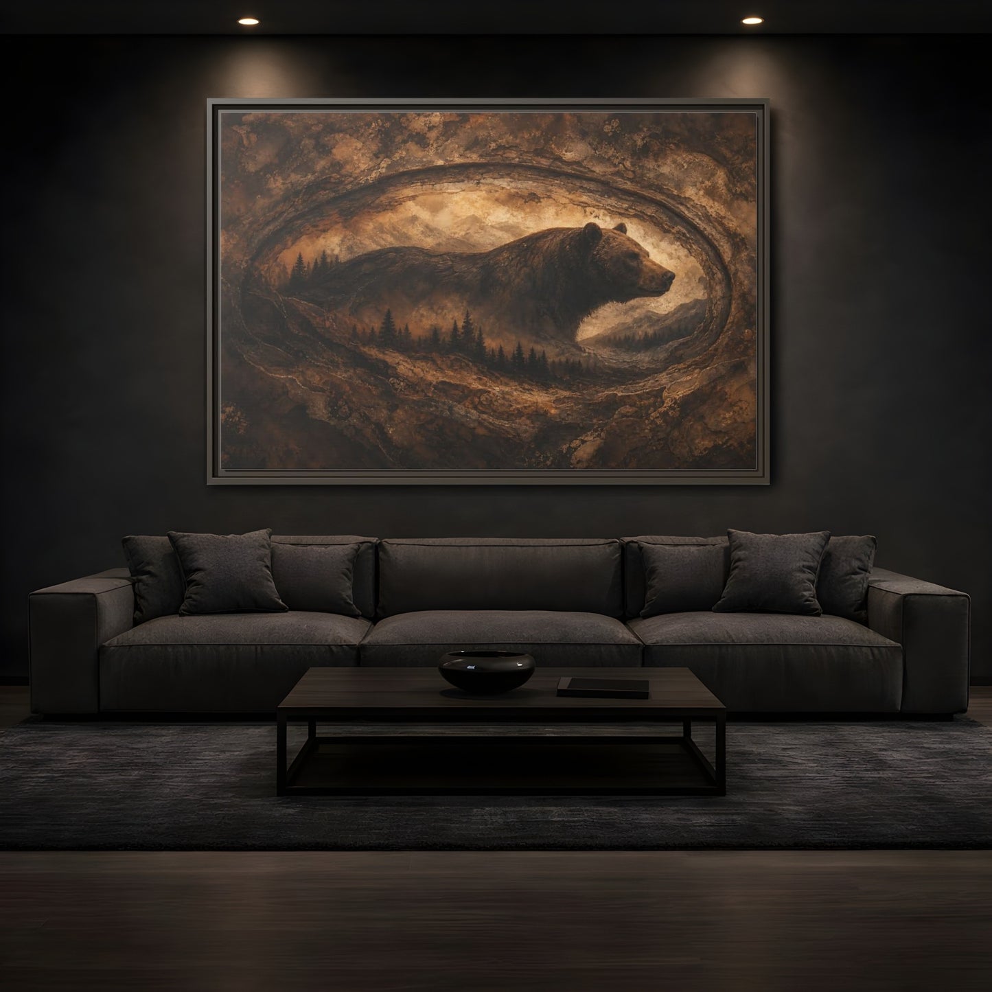 Mockup 3. Animals Bear Brown And Gold shown as stretched canvas wall art