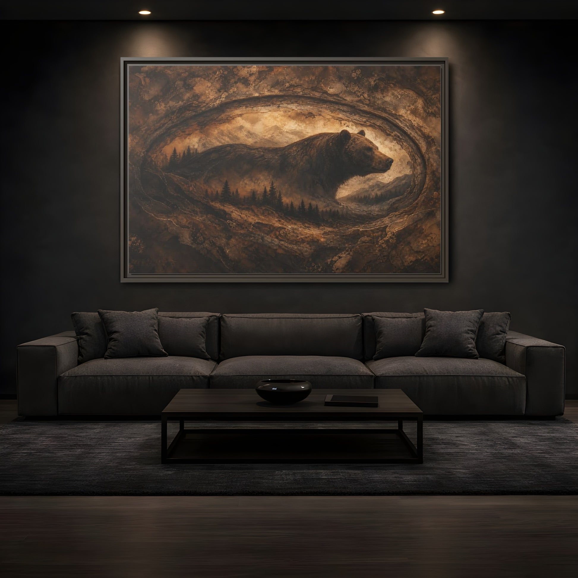 Mockup 3. Animals Bear Brown And Gold shown as stretched canvas wall art