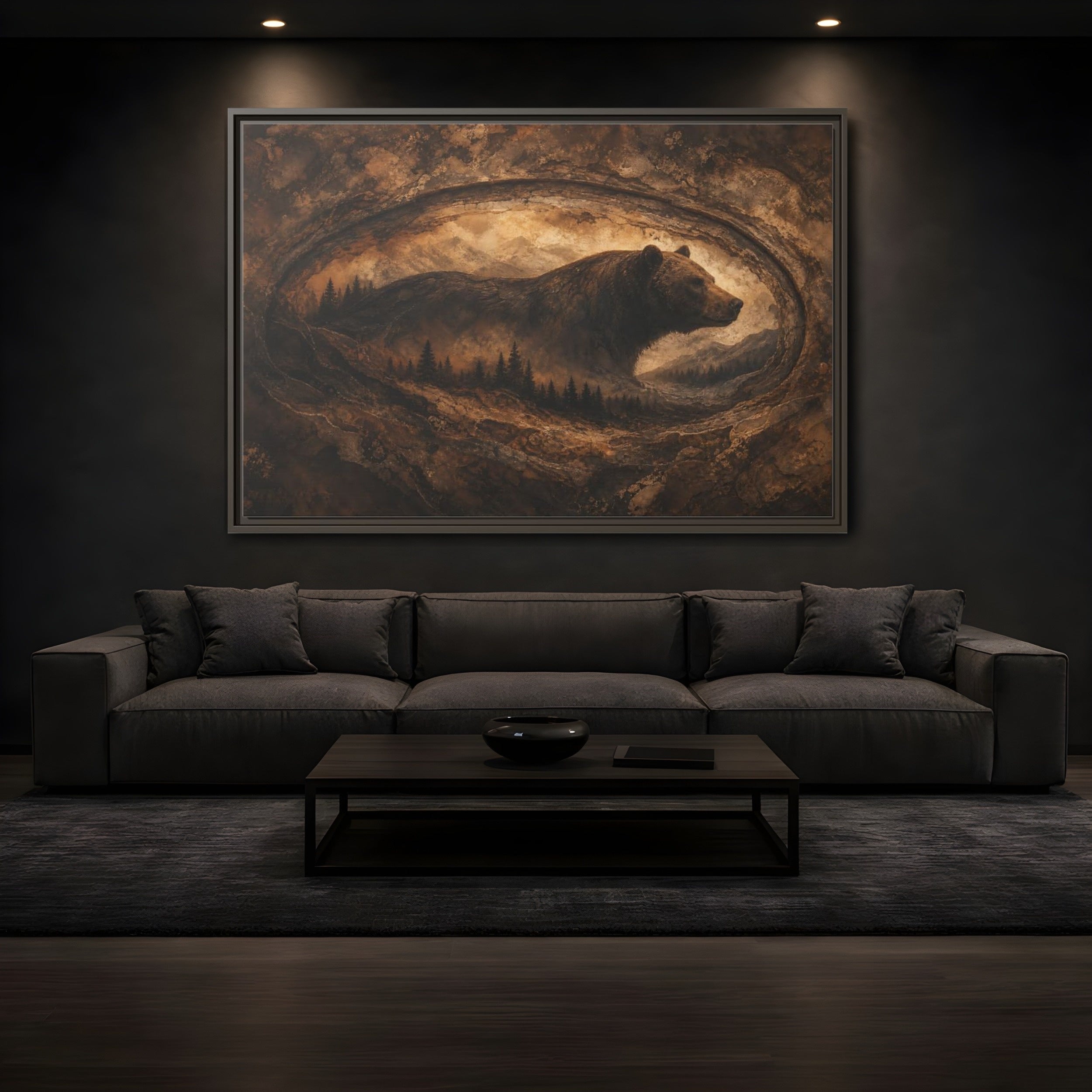 Mockup 3. Animals Bear Brown And Gold shown as stretched canvas wall art