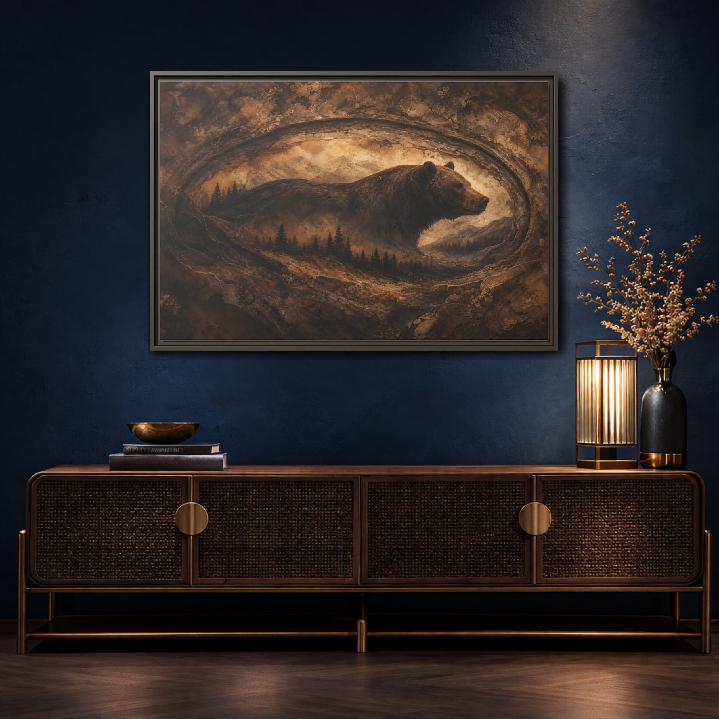 Mockup 4. Animals Bear Brown And Gold shown as stretched canvas wall art