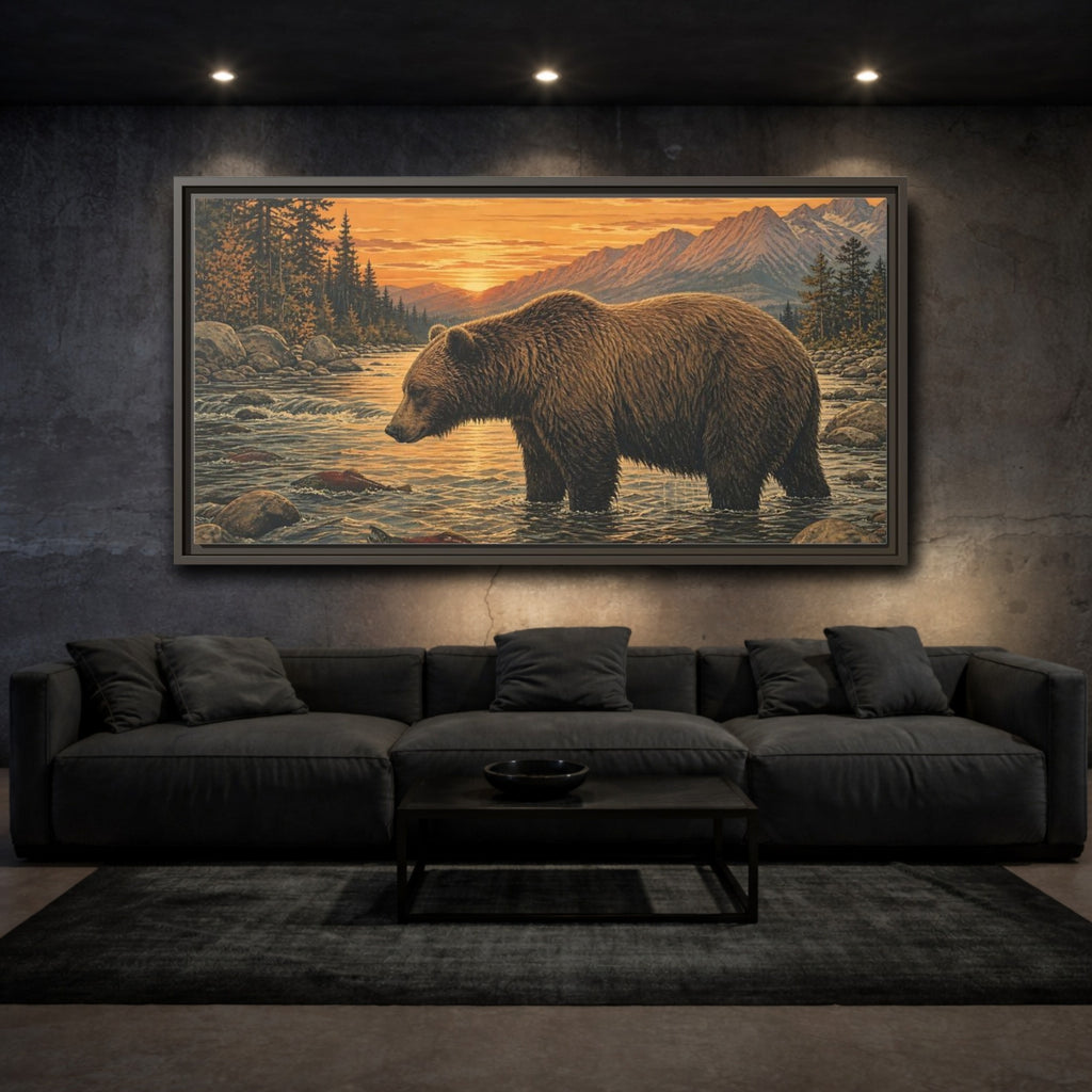 Mockup 3. Animals Bear Brown Bear River shown as stretched canvas wall art