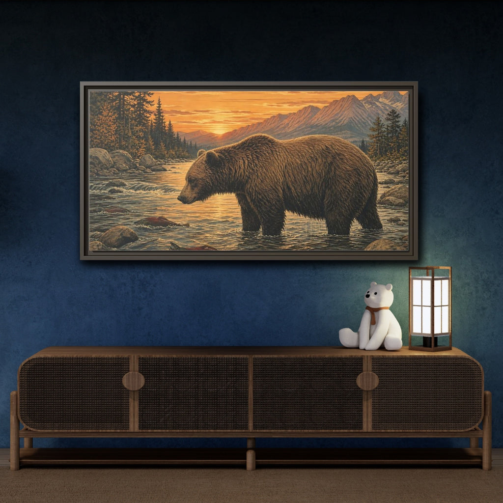 Mockup 4. Animals Bear Brown Bear River shown as stretched canvas wall art