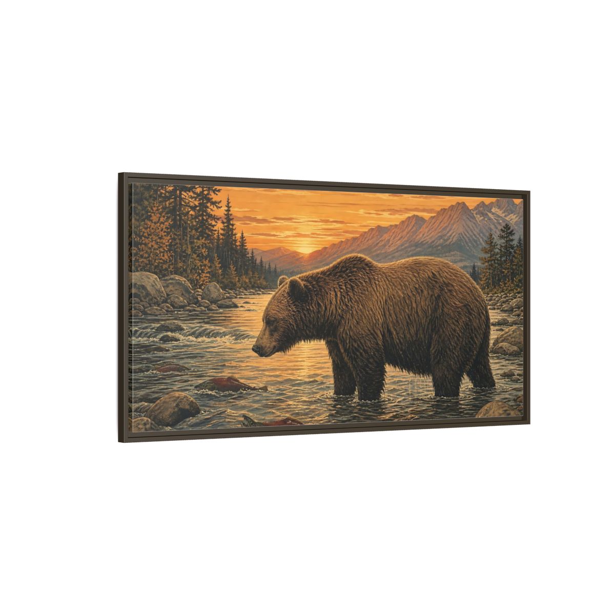 Side Mockup 4. Animals Bear Brown Bear River shown as stretched canvas wall art