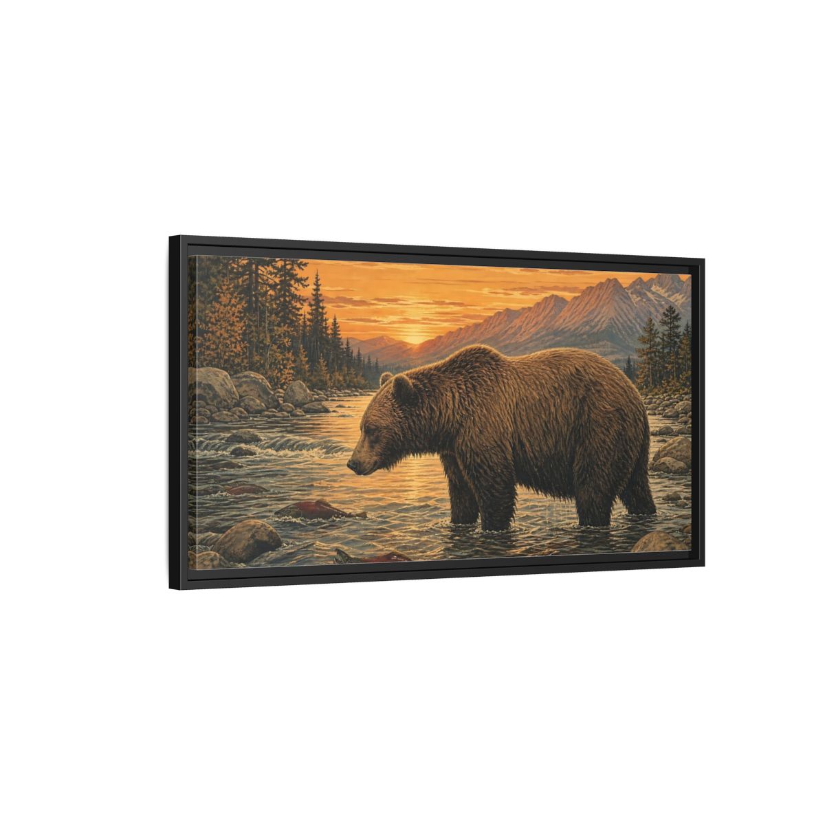Side Mockup 2. Animals Bear Brown Bear River shown as stretched canvas wall art