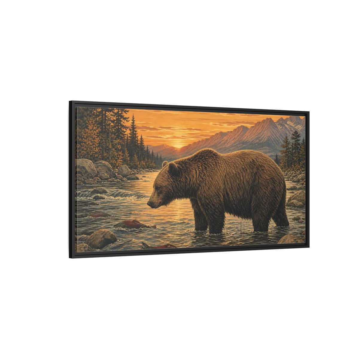 Side Mockup 5. Animals Bear Brown Bear River shown as stretched canvas wall art