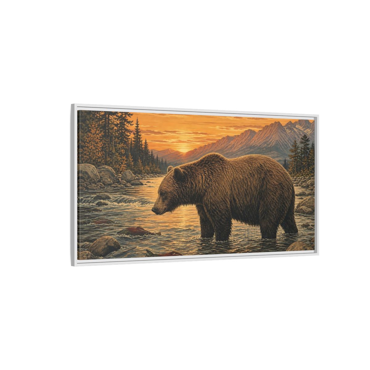 Side Mockup 3. Animals Bear Brown Bear River shown as stretched canvas wall art