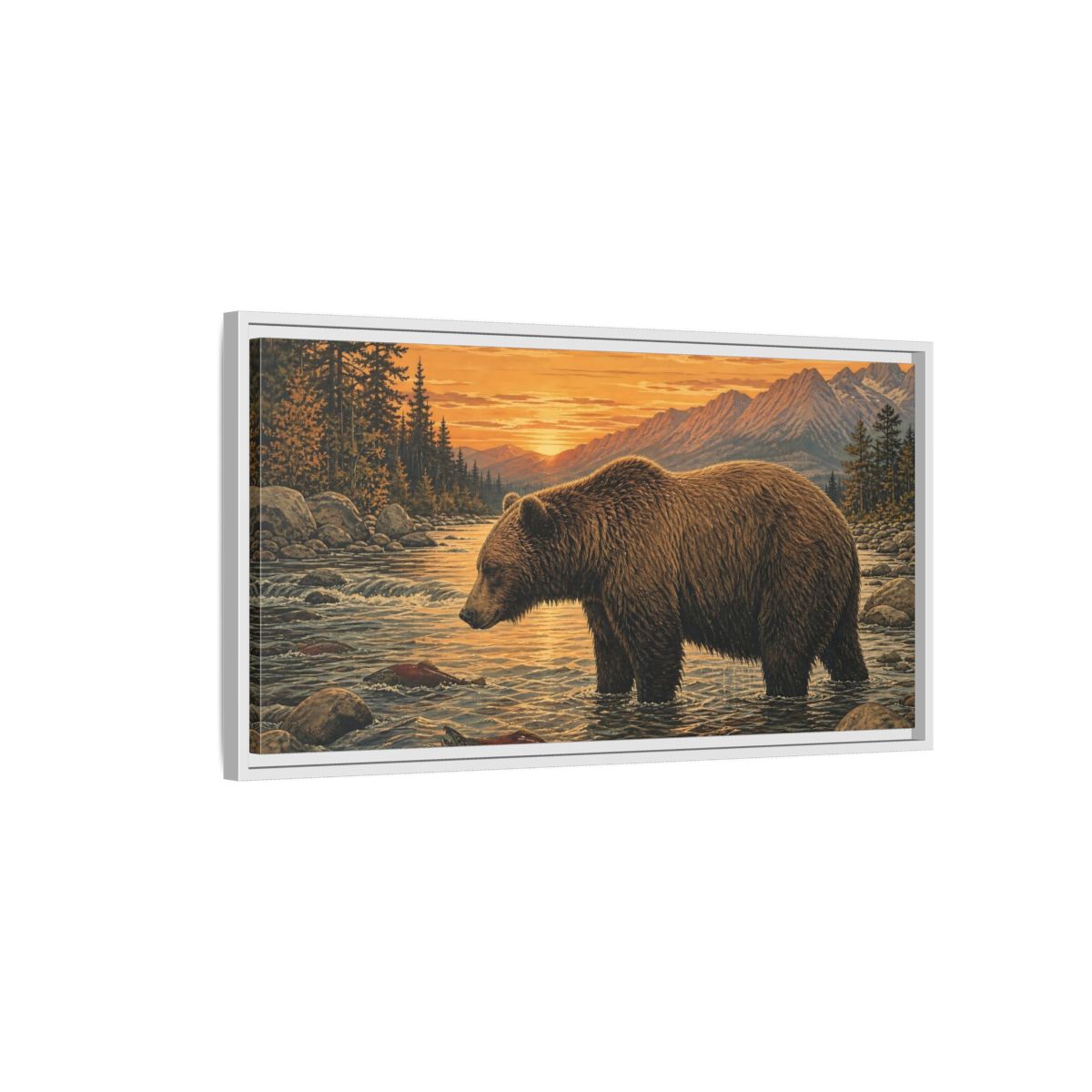 Side Mockup 1. Animals Bear Brown Bear River shown as stretched canvas wall art
