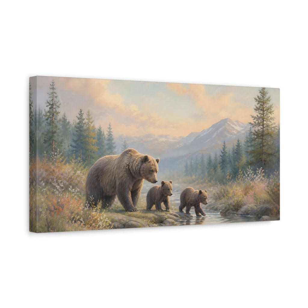 Side Mockup 3. Animals Bear Family Brown Bear Family shown as stretched canvas wall art