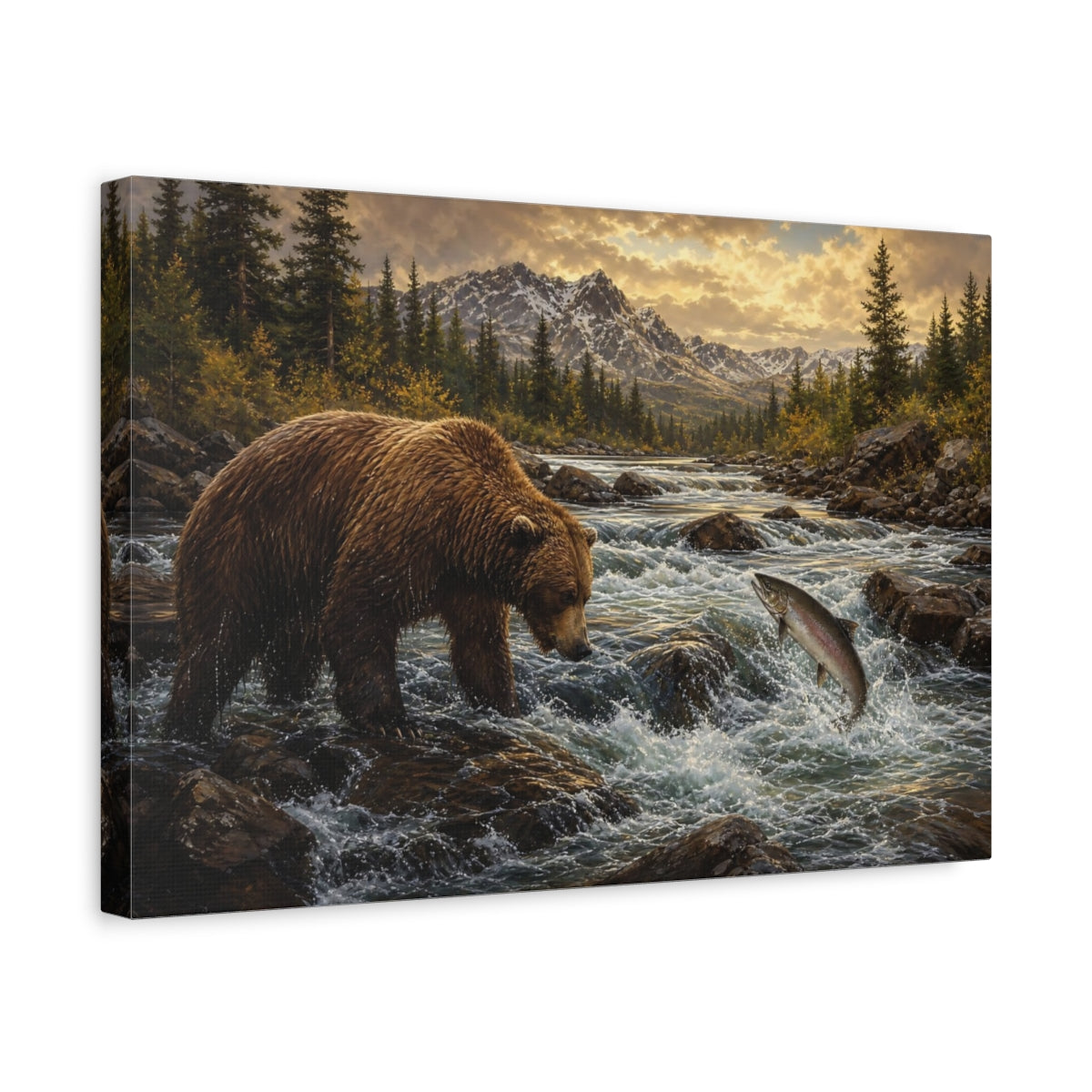 Side Mockup 4. Animals Bear Salmon Brown And Gold shown as stretched canvas wall art
