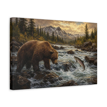 Side Mockup 4. Animals Bear Salmon Brown And Gold shown as stretched canvas wall art