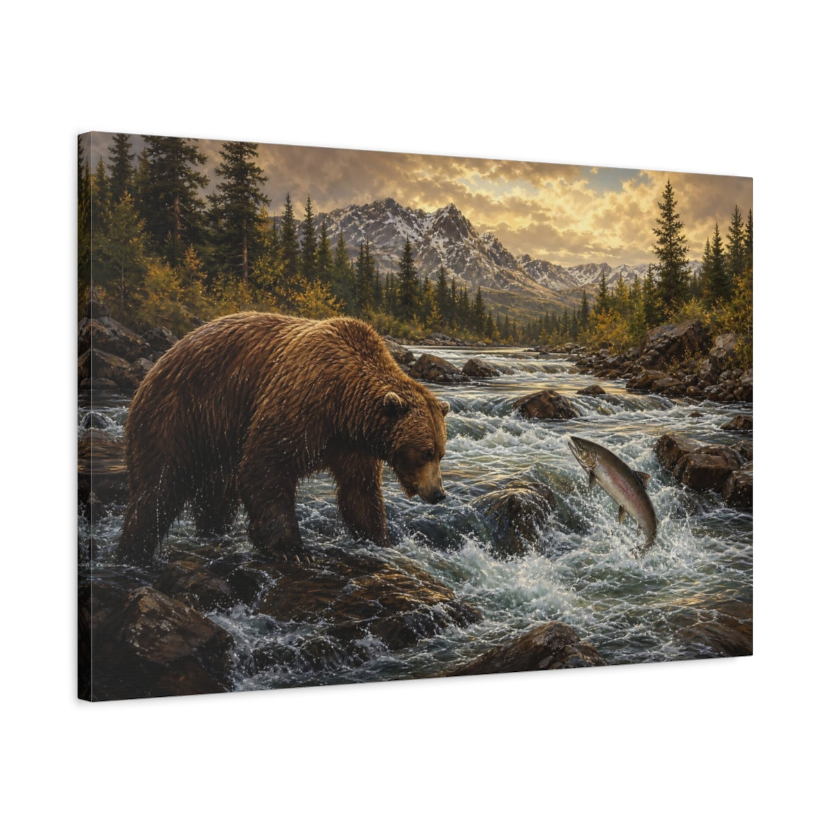 Side Mockup 2. Animals Bear Salmon Brown And Gold shown as stretched canvas wall art
