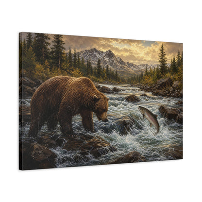 Side Mockup 2. Animals Bear Salmon Brown And Gold shown as stretched canvas wall art