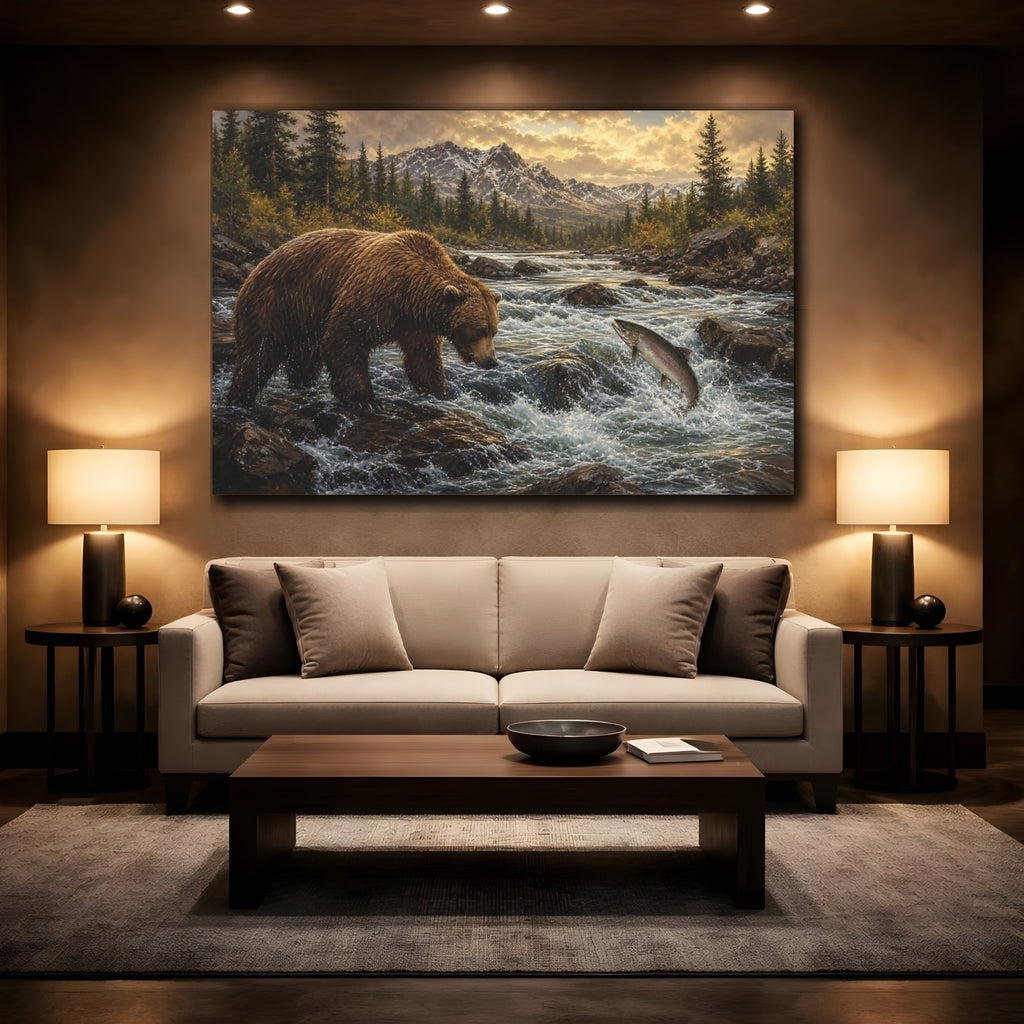 Mockup 2. Animals Bear Salmon Brown And Gold shown as stretched canvas wall art