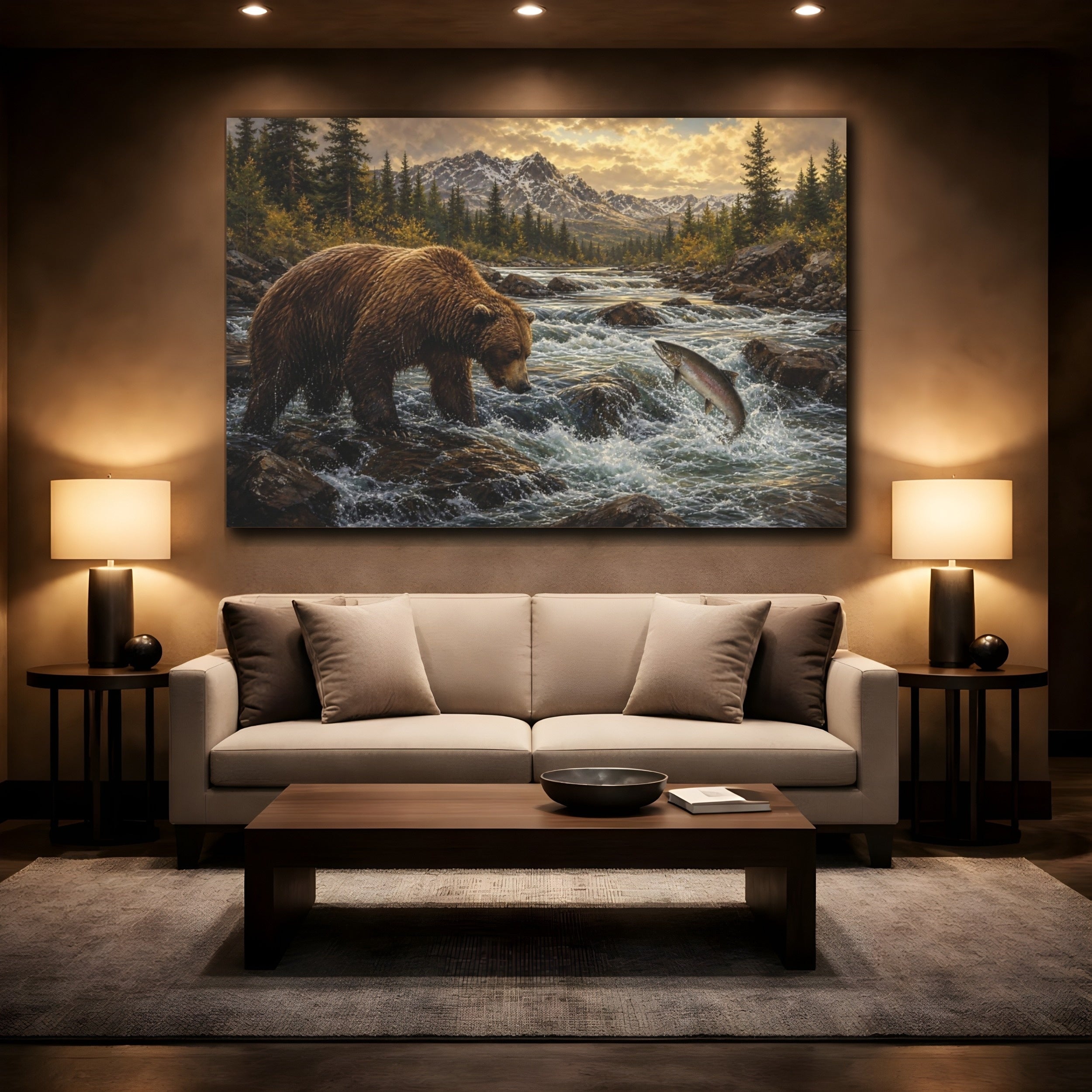 Mockup 2. Animals Bear Salmon Brown And Gold shown as stretched canvas wall art