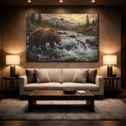 Mockup 2. Animals Bear Salmon Brown And Gold shown as stretched canvas wall art
