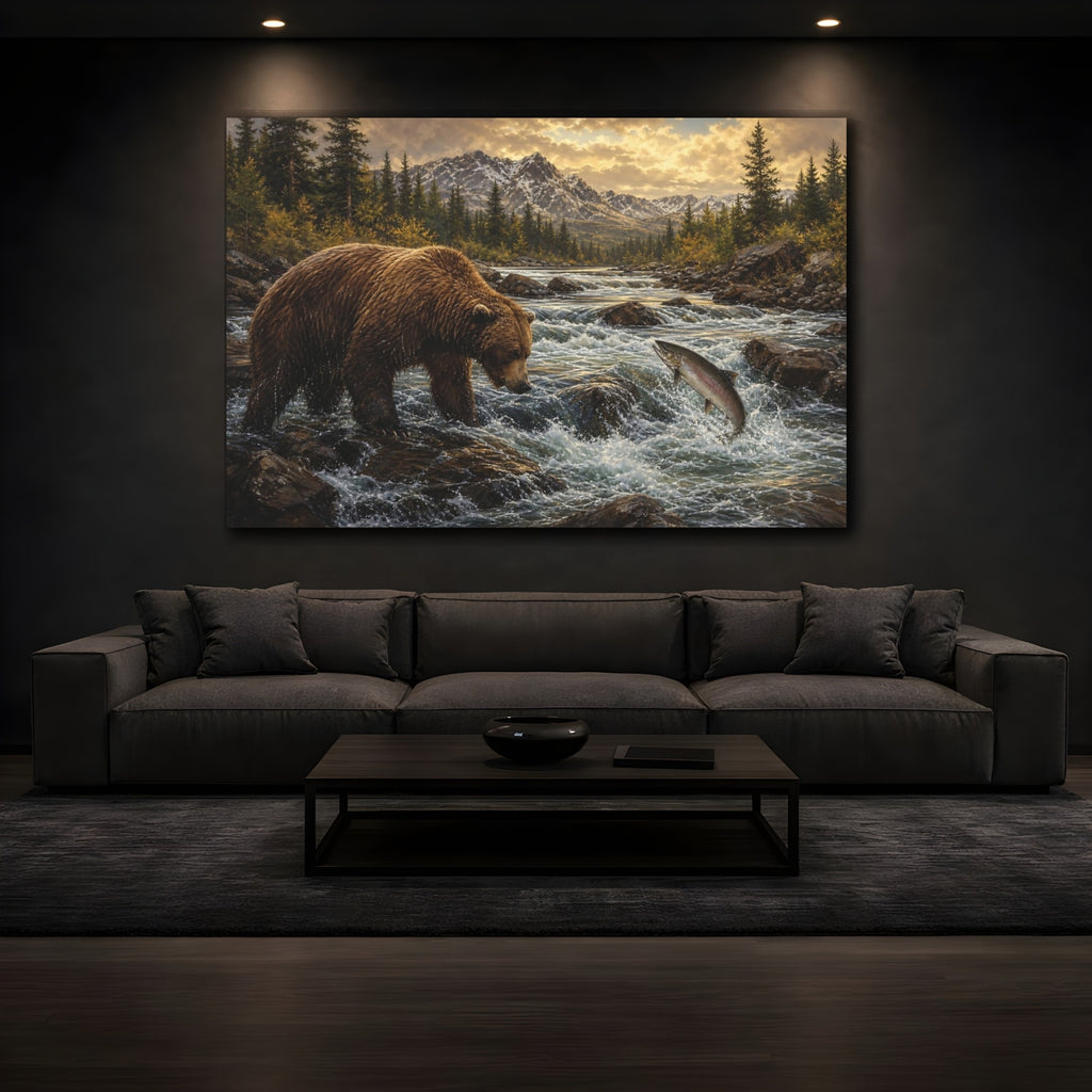 Mockup 3. Animals Bear Salmon Brown And Gold shown as stretched canvas wall art