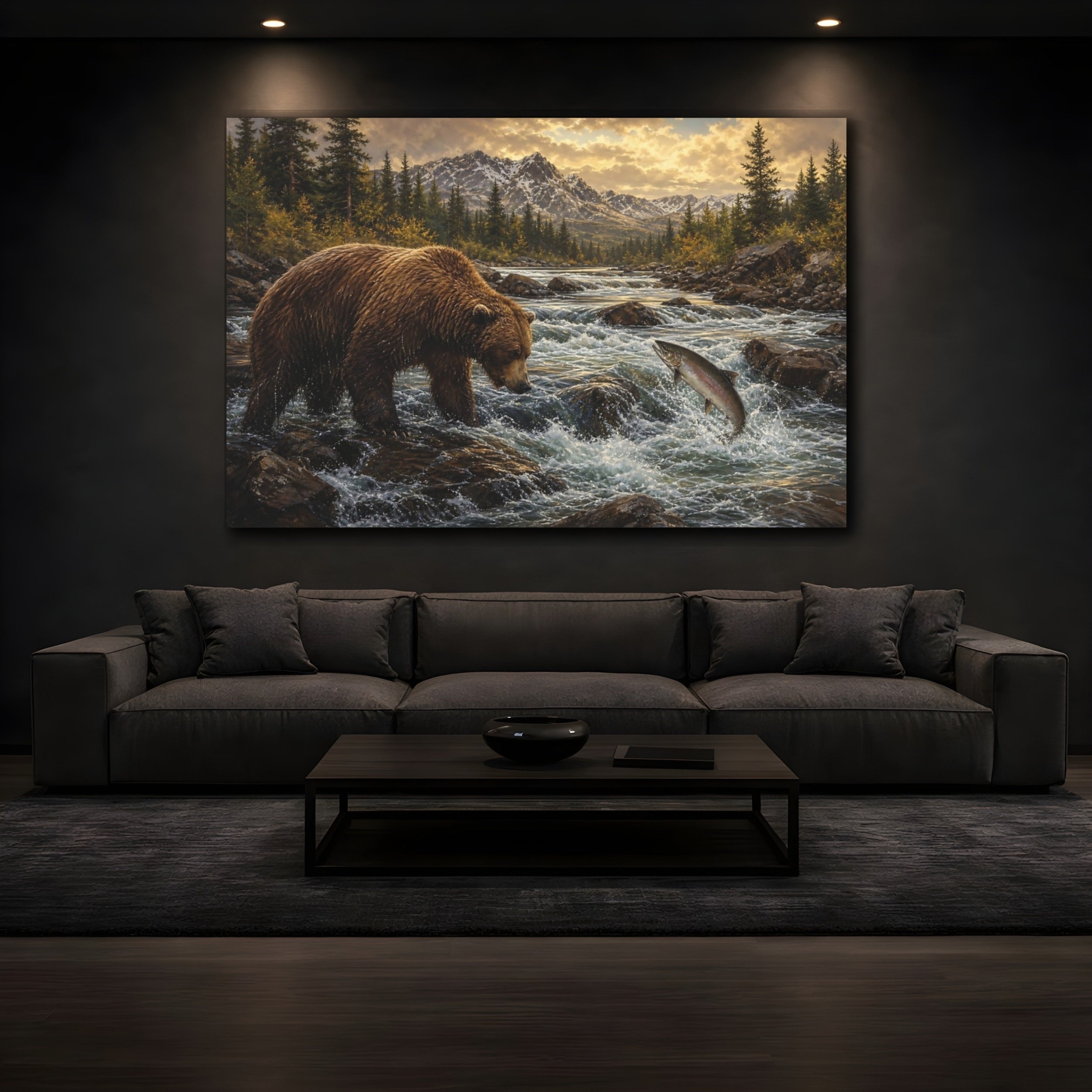 Mockup 3. Animals Bear Salmon Brown And Gold shown as stretched canvas wall art