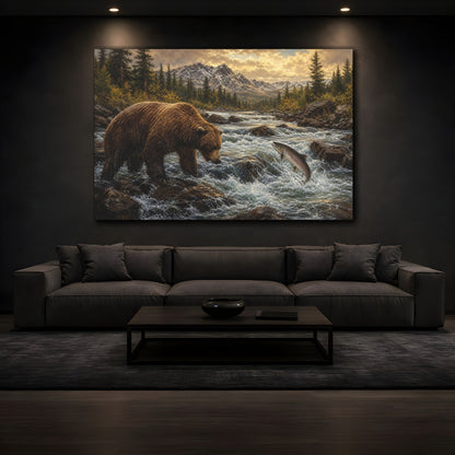 Mockup 3. Animals Bear Salmon Brown And Gold shown as stretched canvas wall art