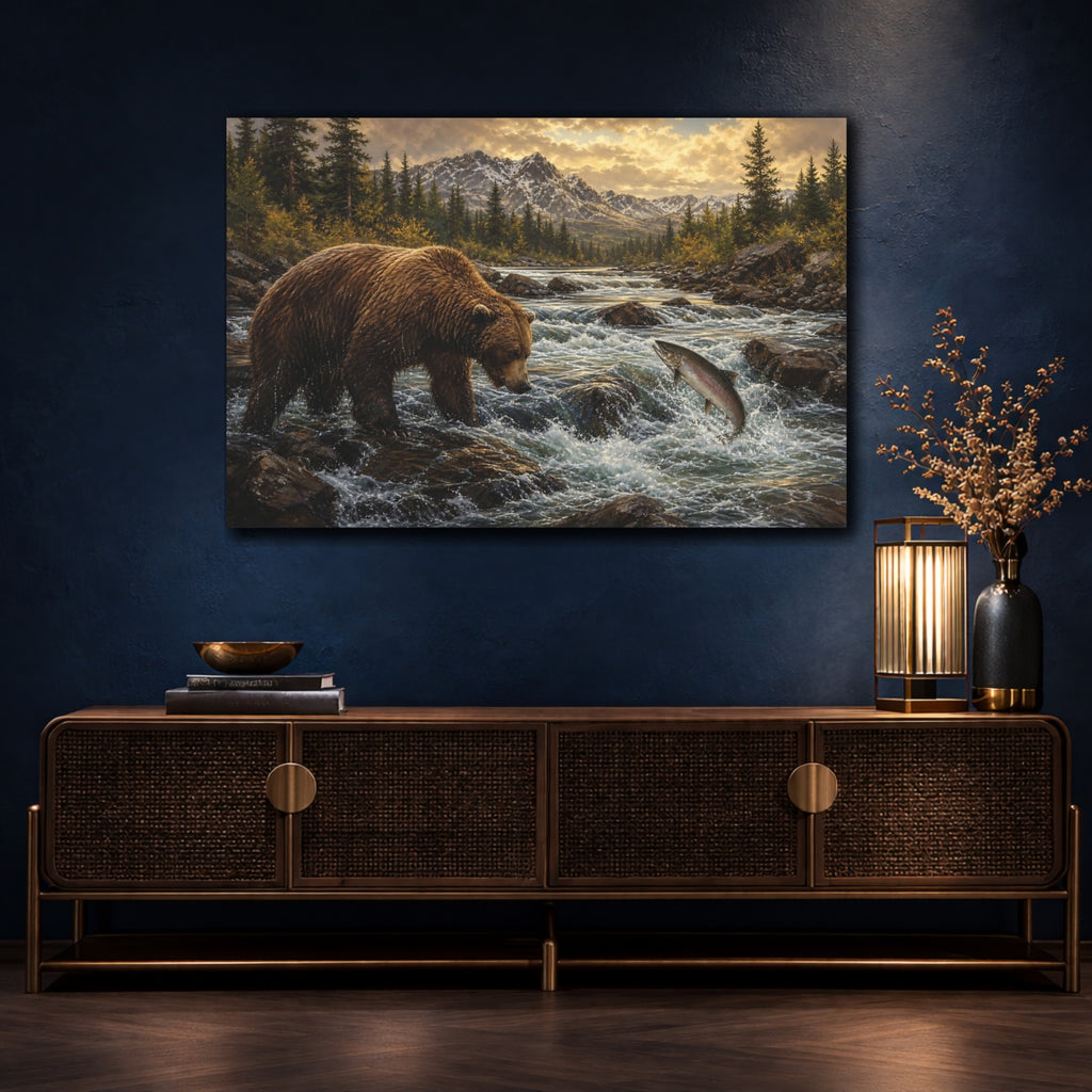 Mockup 4. Animals Bear Salmon Brown And Gold shown as stretched canvas wall art