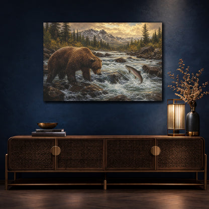 Mockup 4. Animals Bear Salmon Brown And Gold shown as stretched canvas wall art
