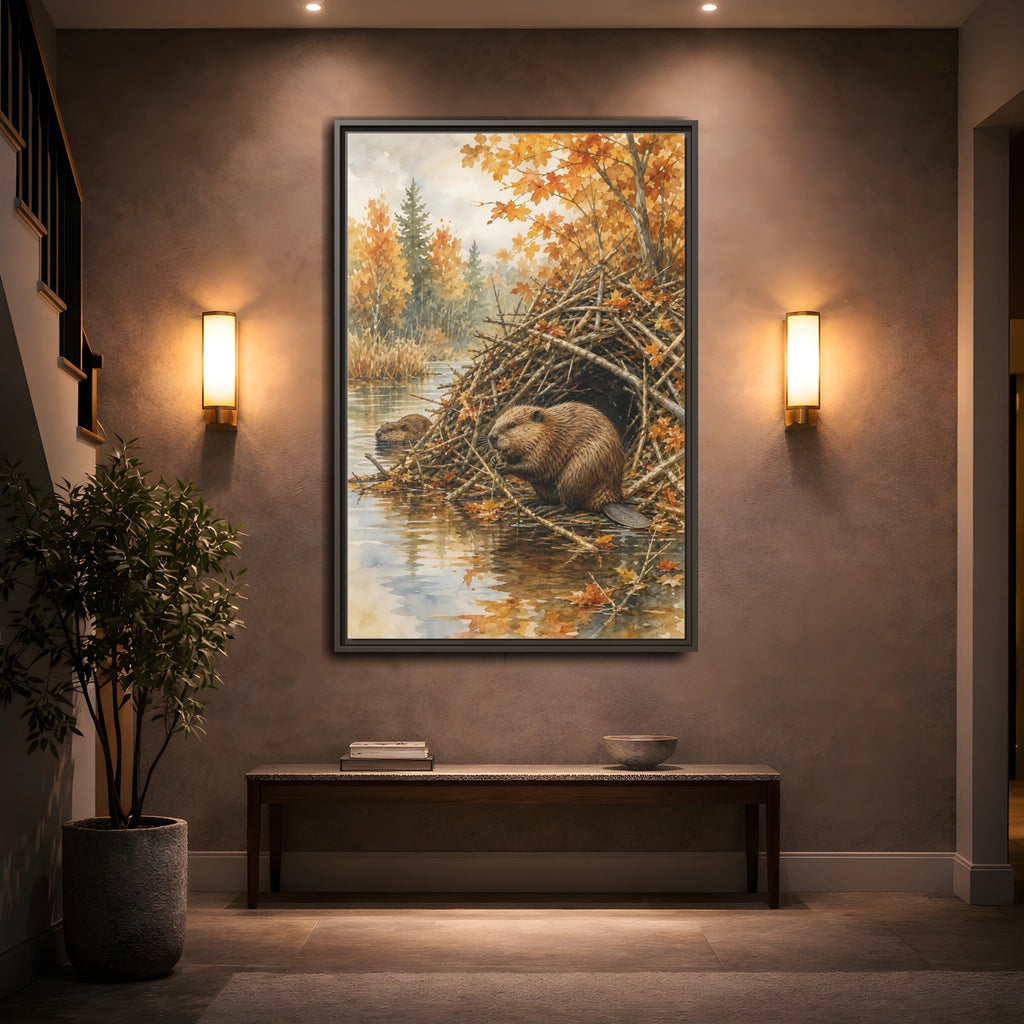 Mockup 2. Animals Beavers Autumn Beavers shown as stretched canvas wall art