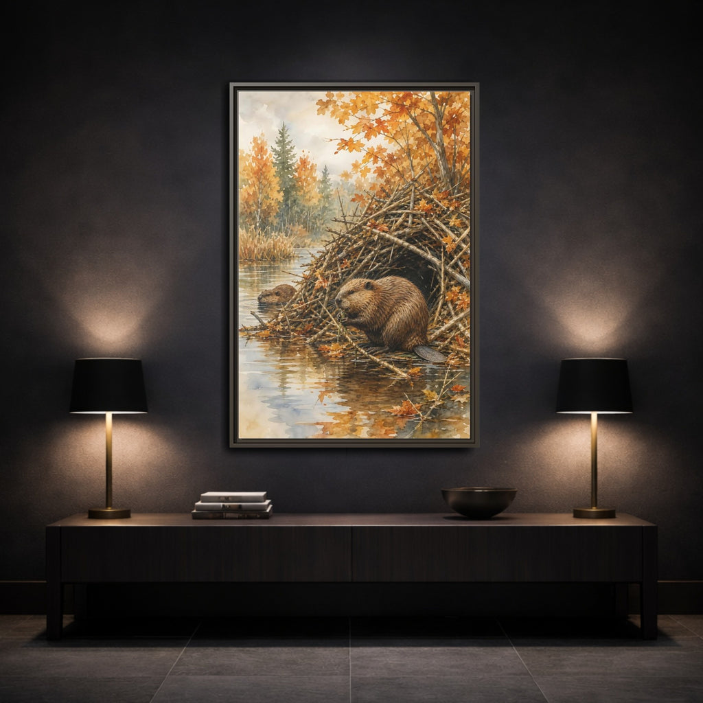 Mockup 3. Animals Beavers Autumn Beavers shown as stretched canvas wall art
