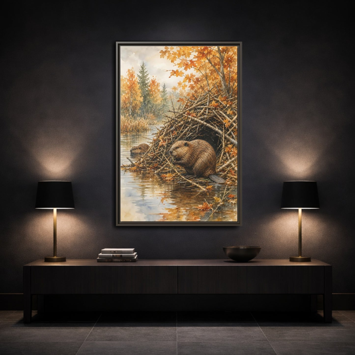 Mockup 3. Animals Beavers Autumn Beavers shown as stretched canvas wall art