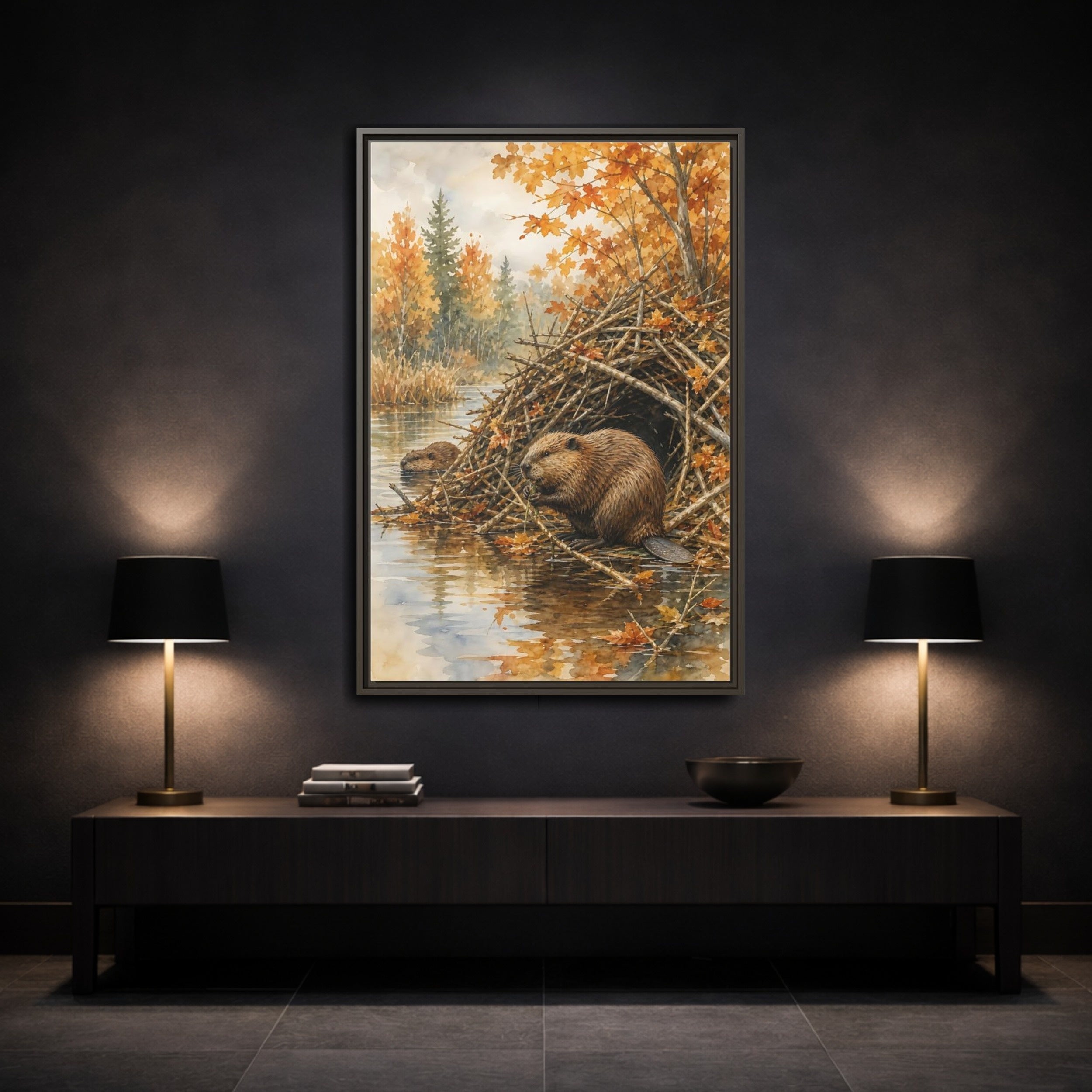 Mockup 3. Animals Beavers Autumn Beavers shown as stretched canvas wall art