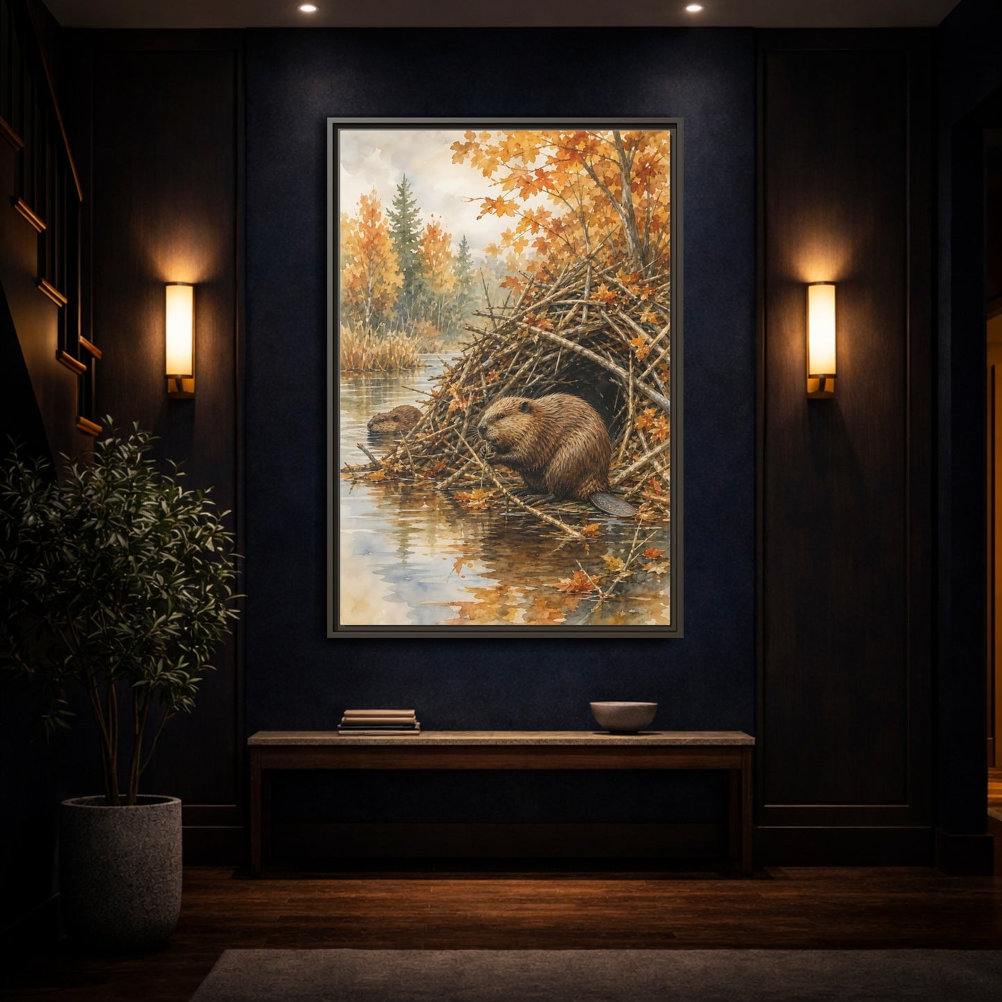Mockup 4. Animals Beavers Autumn Beavers shown as stretched canvas wall art