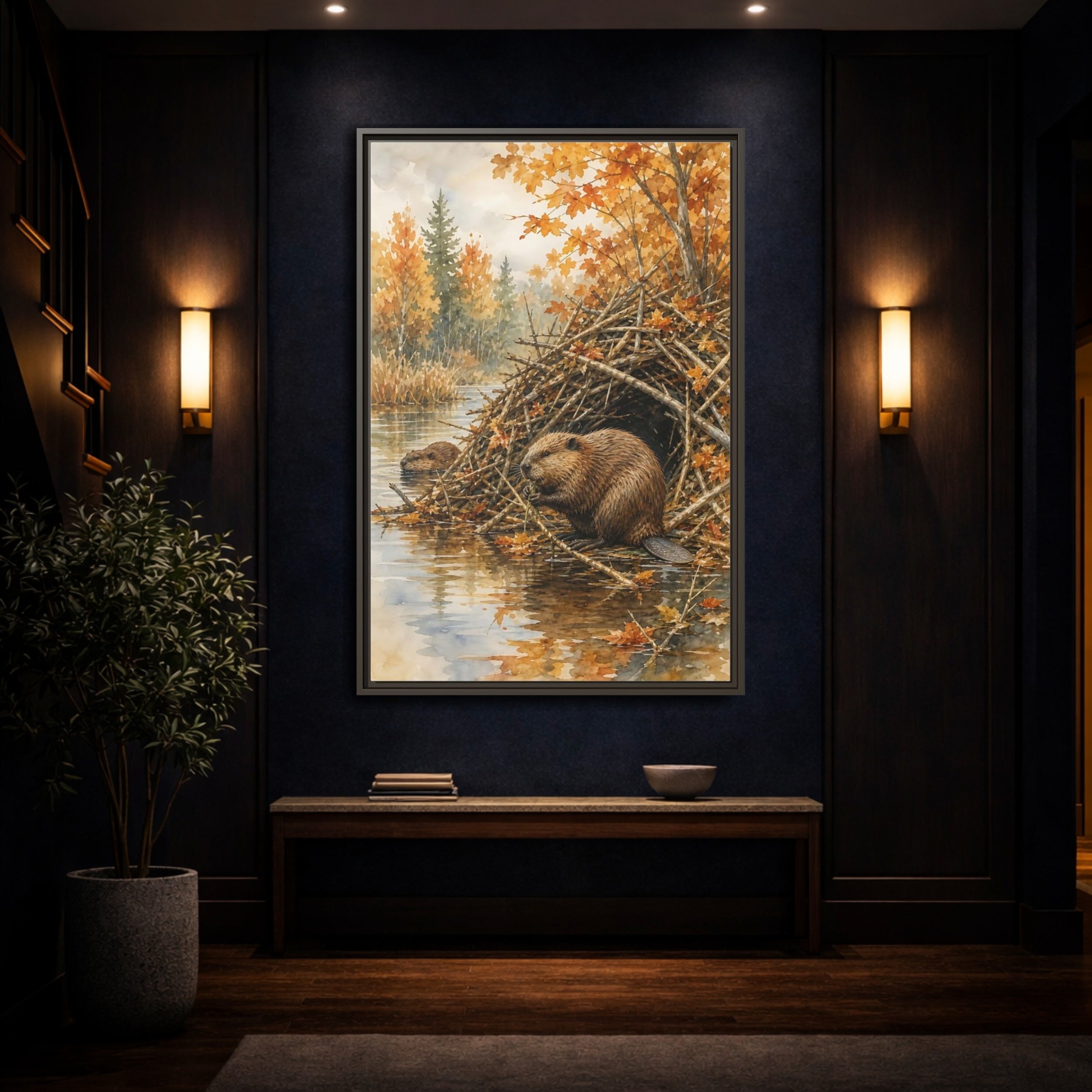 Mockup 4. Animals Beavers Autumn Beavers shown as stretched canvas wall art