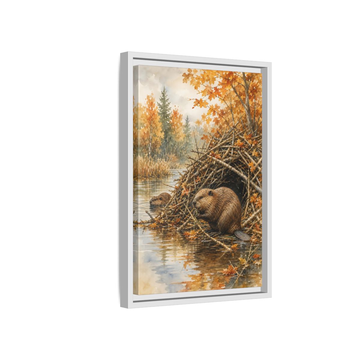 Side Mockup 4. Animals Beavers Autumn Beavers shown as stretched canvas wall art