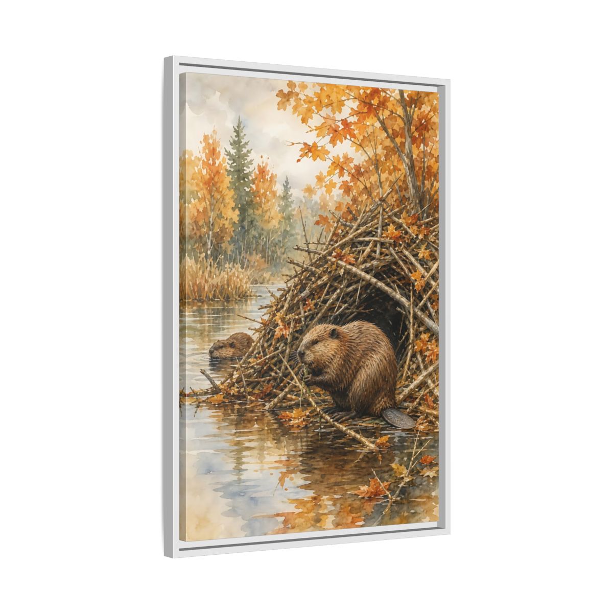 Side Mockup 10. Animals Beavers Autumn Beavers shown as stretched canvas wall art