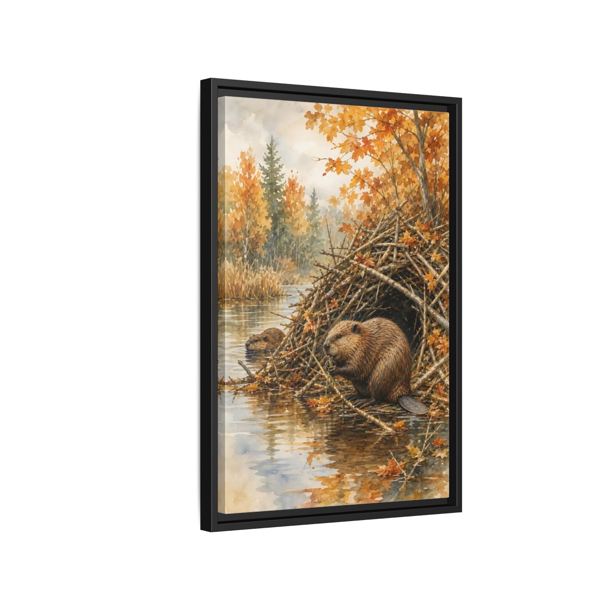 Side Mockup 3. Animals Beavers Autumn Beavers shown as stretched canvas wall art