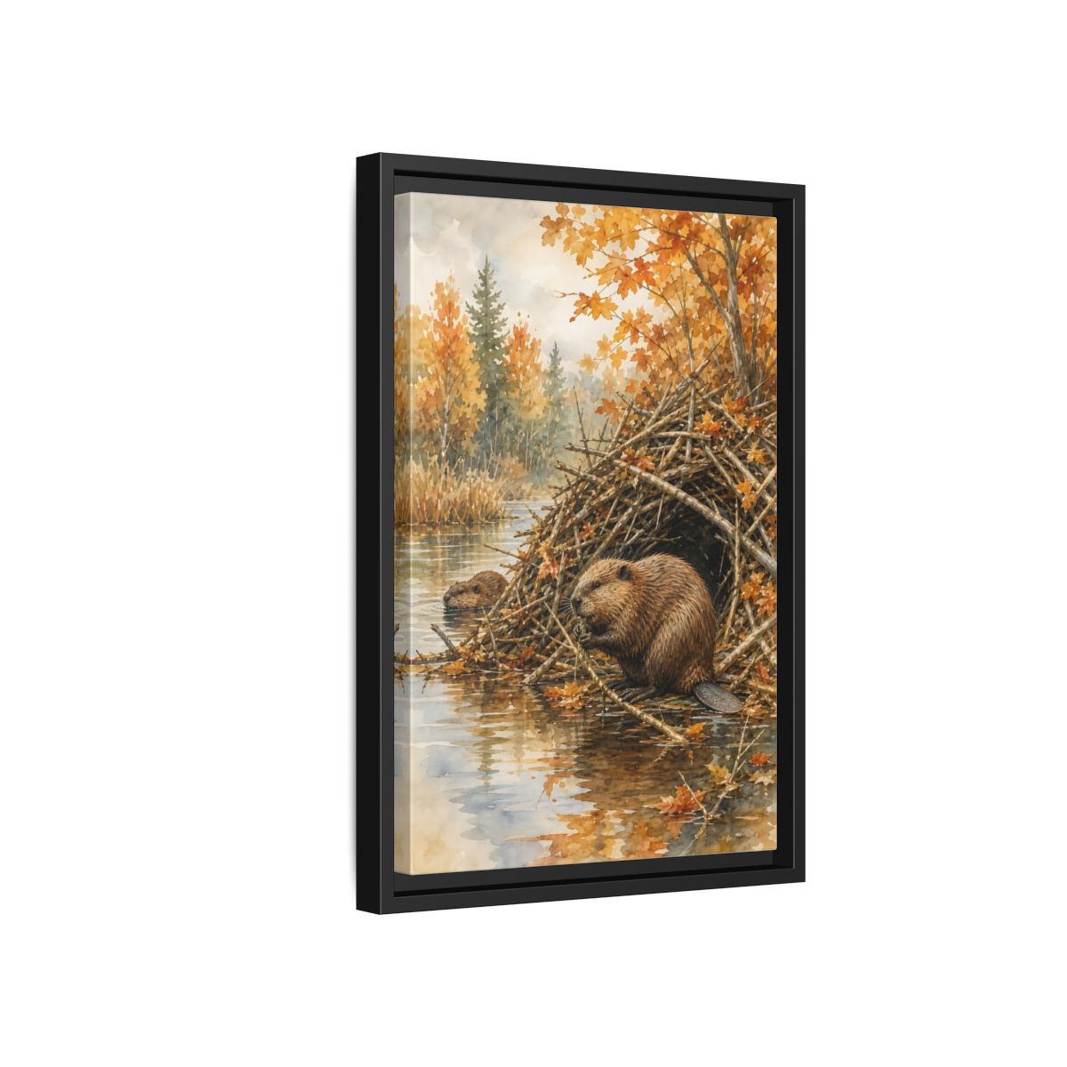 Side Mockup 6. Animals Beavers Autumn Beavers shown as stretched canvas wall art