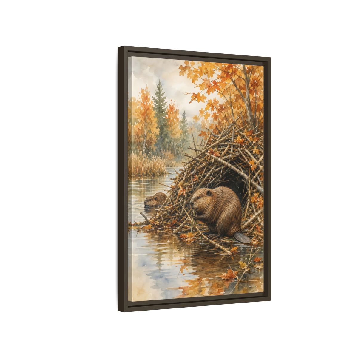 Side Mockup 2. Animals Beavers Autumn Beavers shown as stretched canvas wall art