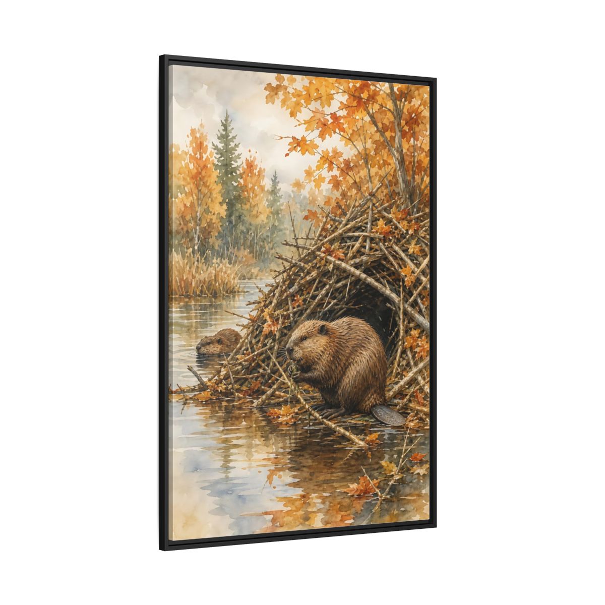 Side Mockup 12. Animals Beavers Autumn Beavers shown as stretched canvas wall art