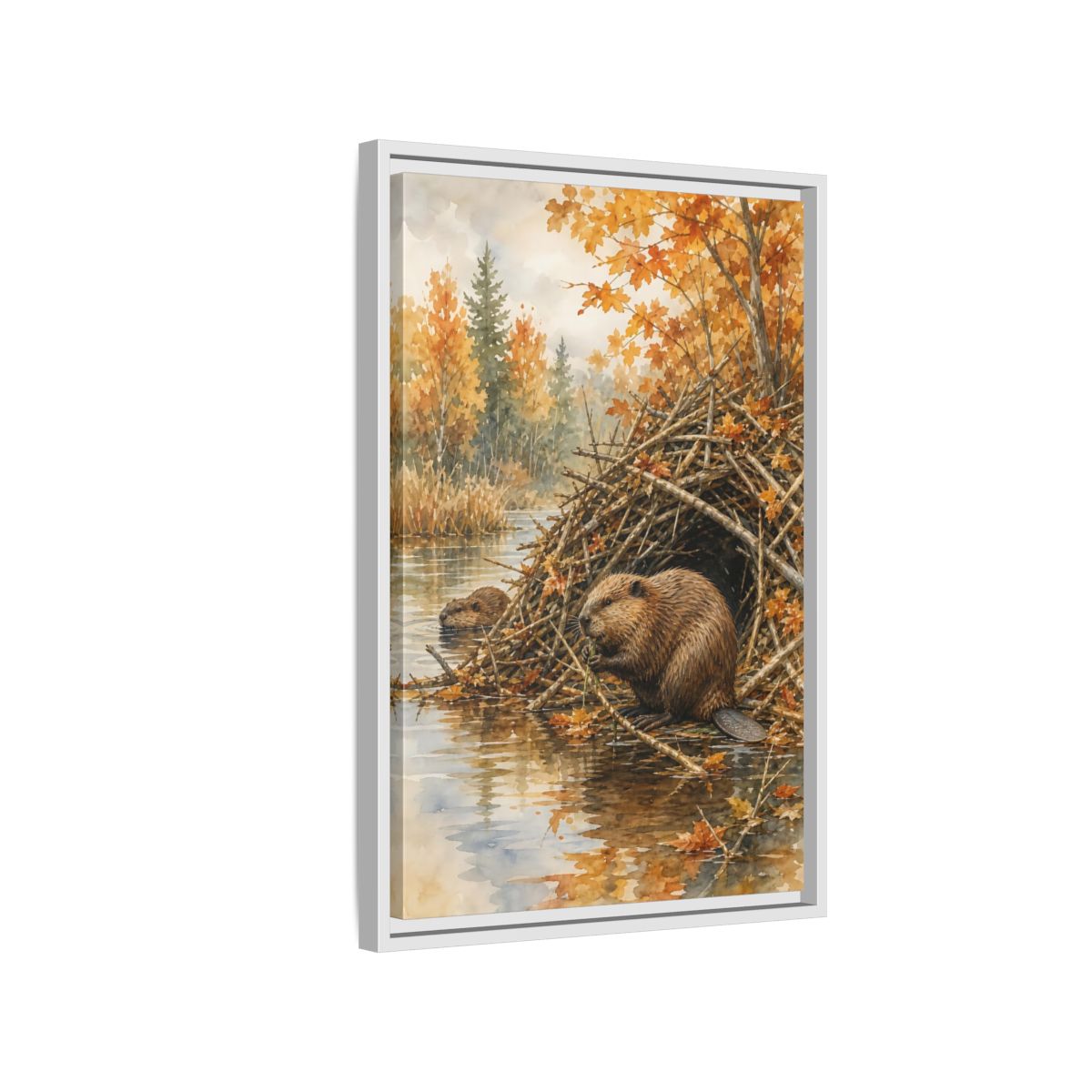 Side Mockup 1. Animals Beavers Autumn Beavers shown as stretched canvas wall art