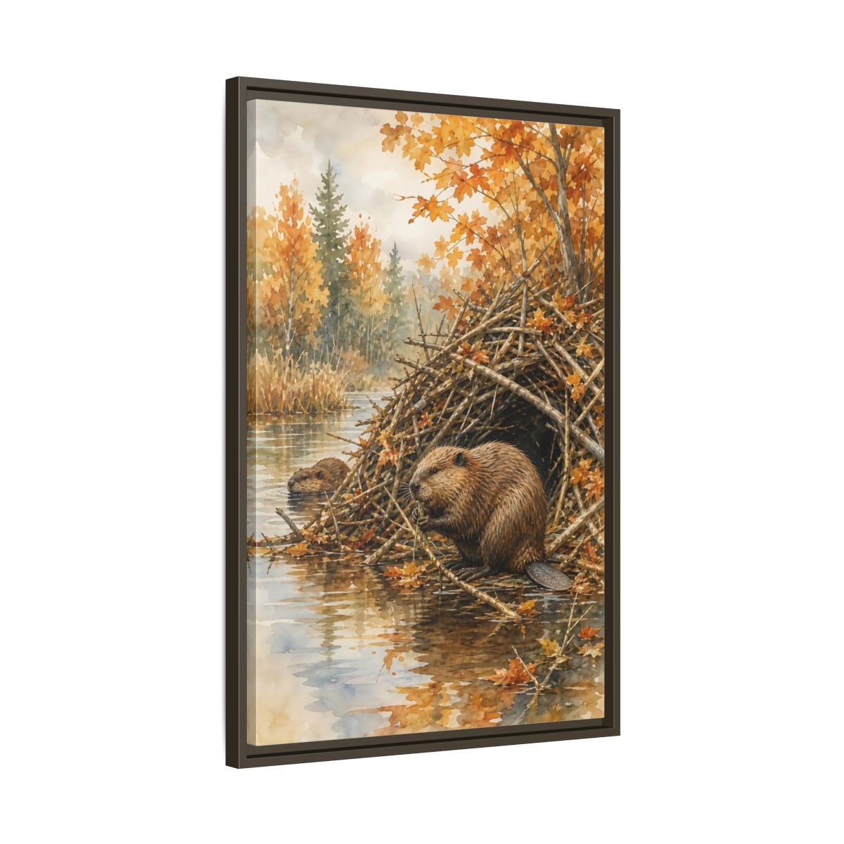 Side Mockup 11. Animals Beavers Autumn Beavers shown as stretched canvas wall art