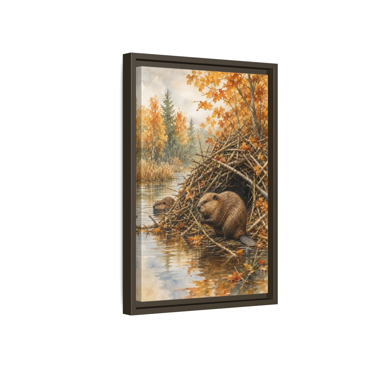 Side Mockup 5. Animals Beavers Autumn Beavers shown as stretched canvas wall art