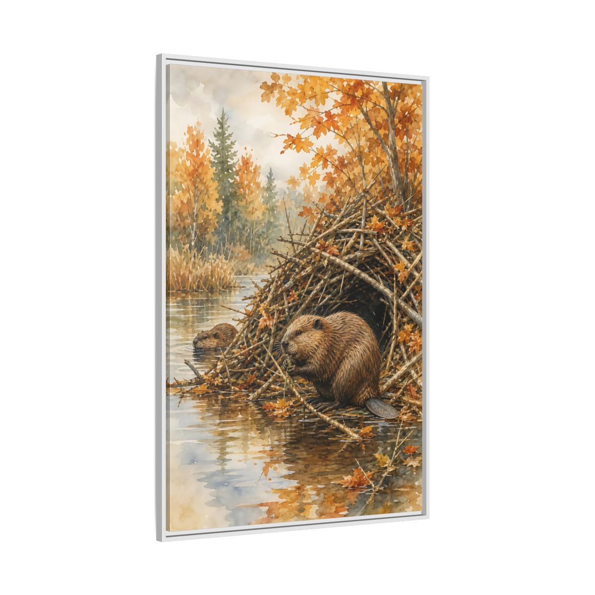 Side Mockup 7. Animals Beavers Autumn Beavers shown as stretched canvas wall art