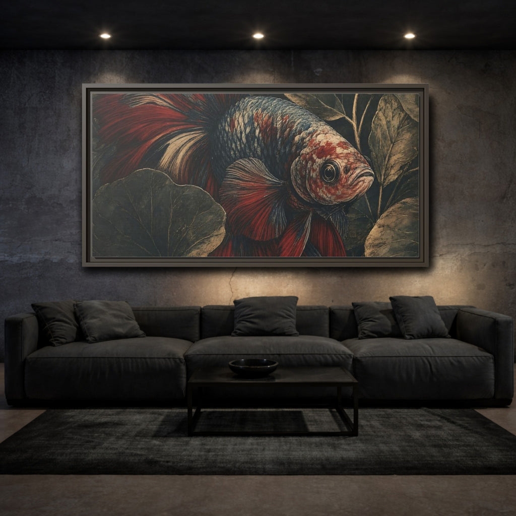 Mockup 3. Animals Betta Fish Red Blue Betta Fish shown as stretched canvas wall art