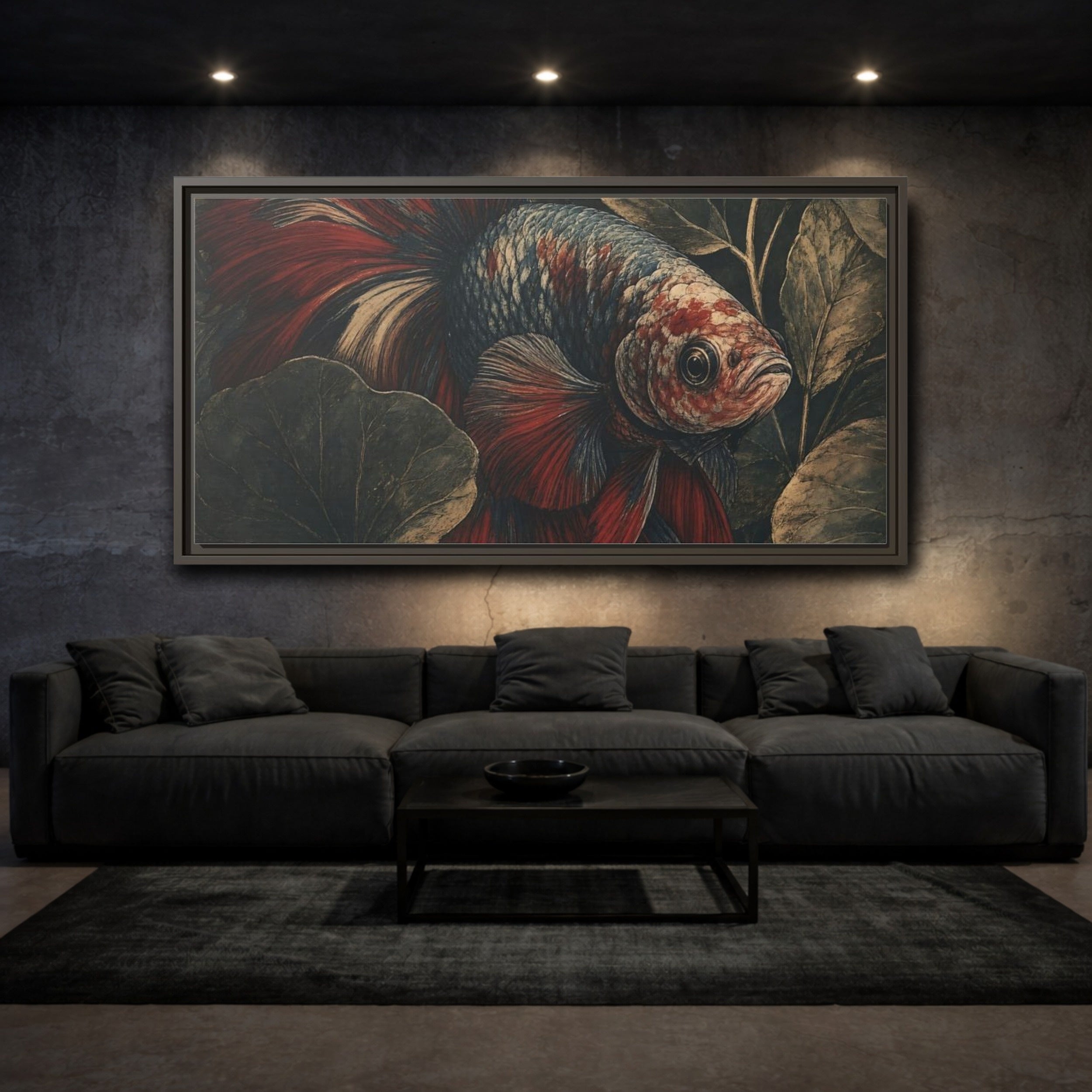 Mockup 3. Animals Betta Fish Red Blue Betta Fish shown as stretched canvas wall art