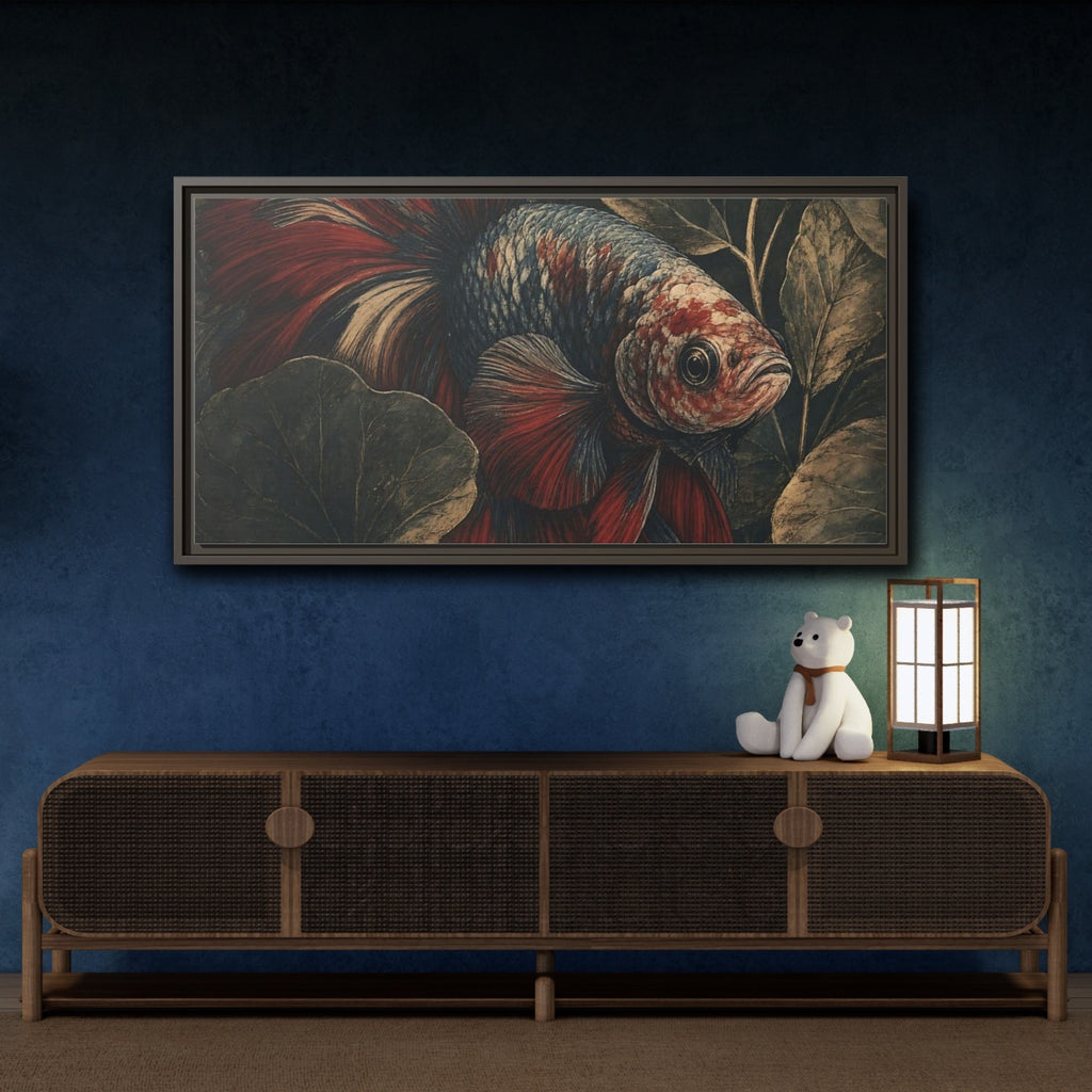 Mockup 4. Animals Betta Fish Red Blue Betta Fish shown as stretched canvas wall art