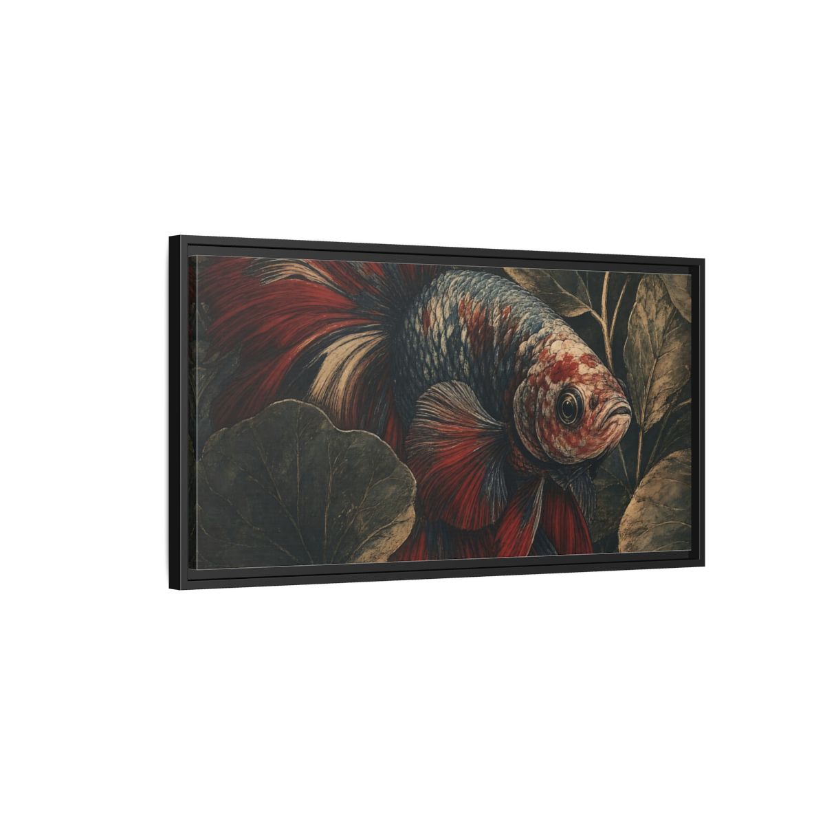 Side Mockup 2. Animals Betta Fish Red Blue Betta Fish shown as stretched canvas wall art