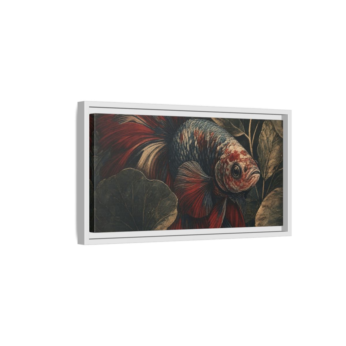 Side Mockup 6. Animals Betta Fish Red Blue Betta Fish shown as stretched canvas wall art