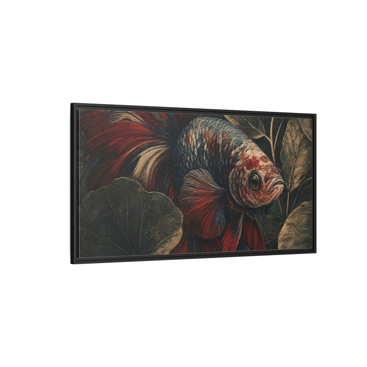 Side Mockup 5. Animals Betta Fish Red Blue Betta Fish shown as stretched canvas wall art