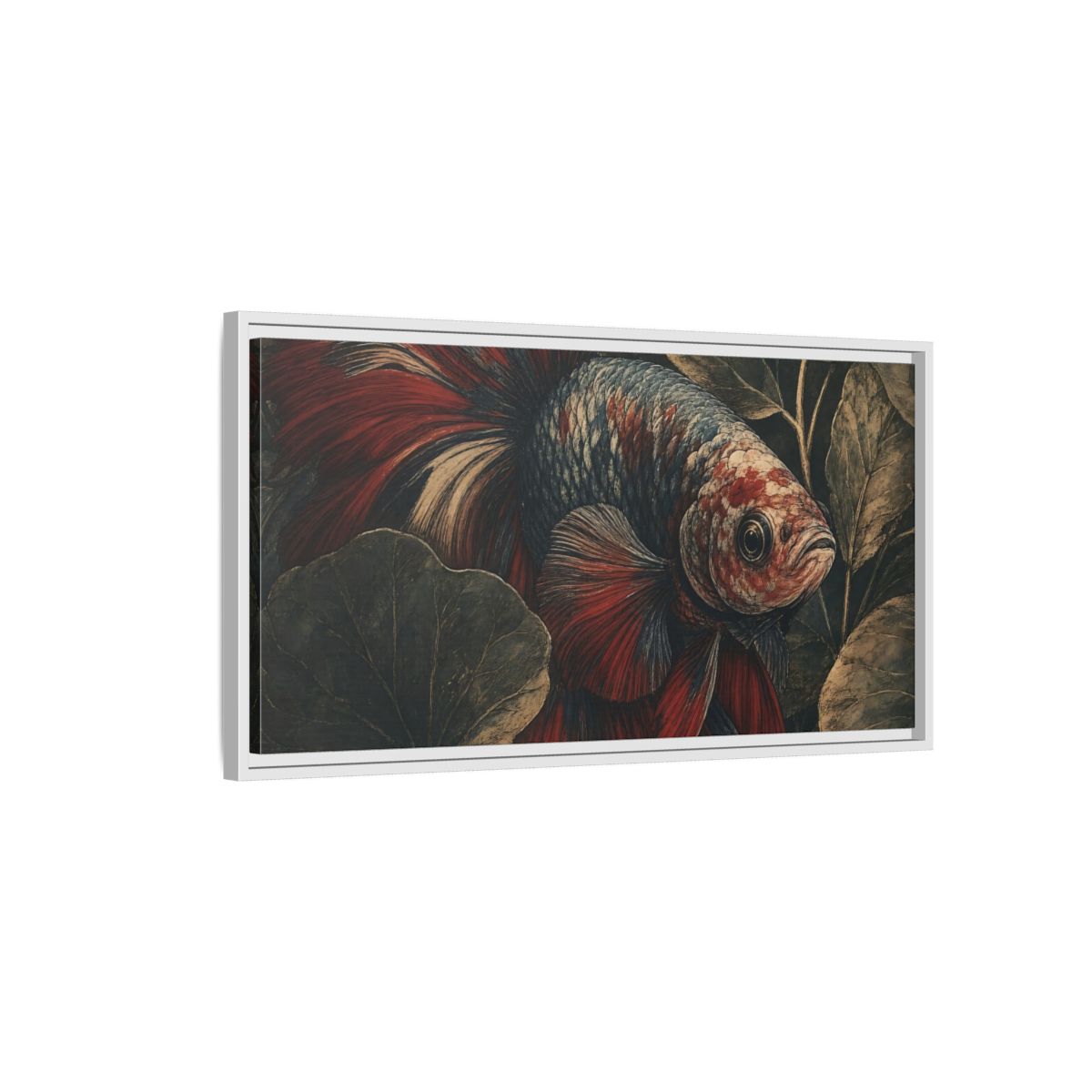 Side Mockup 1. Animals Betta Fish Red Blue Betta Fish shown as stretched canvas wall art
